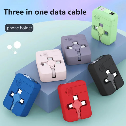 3 in 1 Retractable Multi Charging Cable Cord USB Compatible Iphone Android Type C Phone Holder Mini Portable Fast Charger Car
